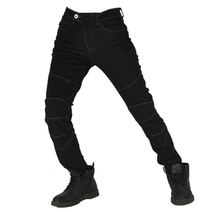 Close-up of black motorcycle riding jeans featuring flexible accordion panels at the knees