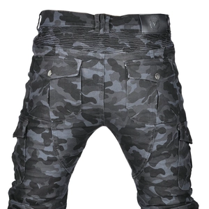 Detail of camouflage motorcycle cargo pants with elastic waist pleats and rear utility pockets