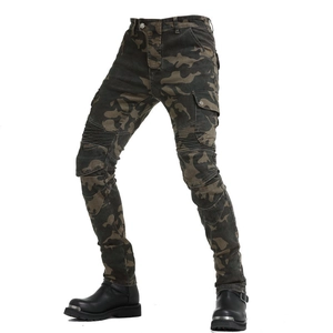 Men's camouflage motorcycle jeans with knee stretch panels and cargo pockets