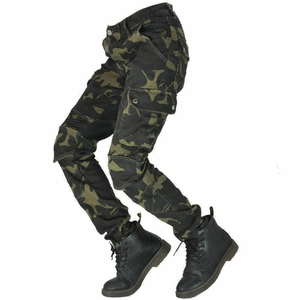 Detail of camouflage motorcycle cargo pants with reinforced knees and side flap pockets