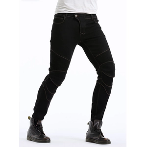 Detail of men's motorcycle jeans with reinforced knee pleats and contrast stitching