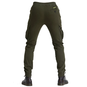Close-up of military green cargo joggers with elastic waist and large flap pockets