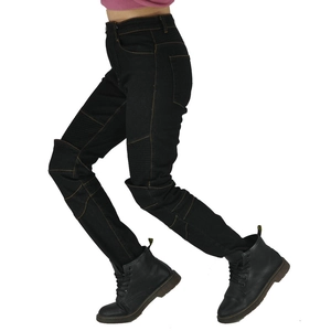 Women's black motorcycle protective jeans with orange stitching and elastic knee pads