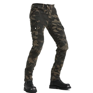 Detail view of motorcycle cargo pants with camo pattern and reinforced knee pads