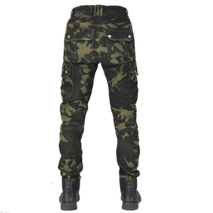 Rear view of camouflage motorcycle cargo pants with multi-pockets and pleated waist reinforcement