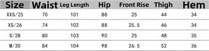 Size chart for women's motorcycle jeans including waist, hip, and length measurements