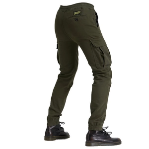 Detail view of military green cargo pants with back logo patch and elastic cuffs