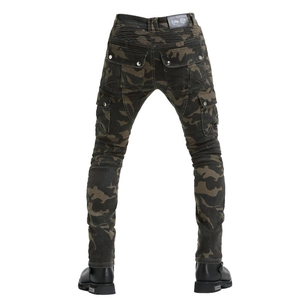 Rear view of camo motorcycle riding pants with protective knee pleats and utility pockets