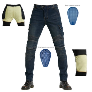 Detail of motorcycle jeans showing removable knee pads and reinforced abrasion-resistant lining