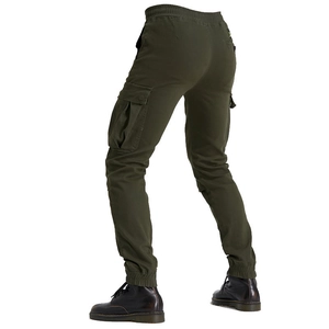 Close-up of olive green cargo motorcycle pants featuring large side pockets and elastic cuffs