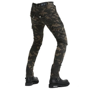 Men's camouflage motorcycle jeans with tactical pockets and stretch panels for riding