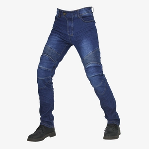 Donkerblauwe motorjeans met beschermende pads en accordeon stretchpanelen voor heren