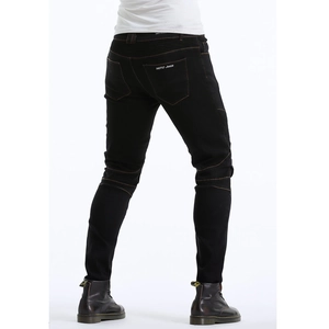 Rear view of motorcycle jeans showing elastic accordion panels and MOTO Jeans print