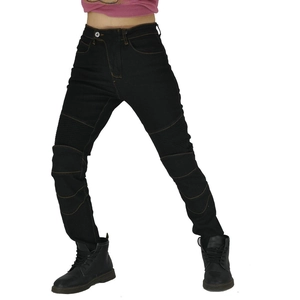 Close-up of black motorcycle jeans featuring ribbed stretch panels and functional design