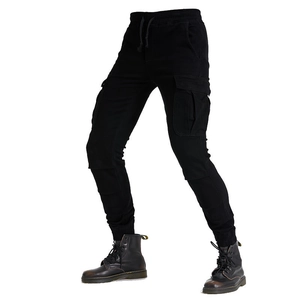 Men's motorcycle cargo pants with knee panels and multi-pockets in black cuffed style