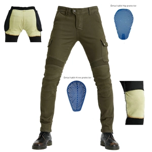 Detail view of army green motorcycle cargo pants with blue removable protective knee pads