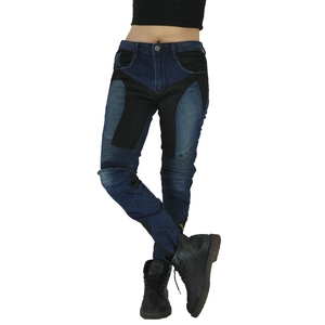 Close-up of slim motorcycle jeans with reinforced knee pads and accordion stretch panels