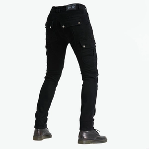 Detail of black motorcycle riding jeans with accordion stretch panels and cargo pockets