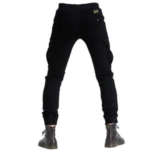 Men's black cargo motorcycle pants with multi-pockets and ribbed cuffs back view