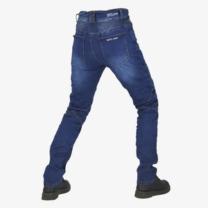 Donkerblauwe motorjeans voor heren met elastische accordeonpanelen en beschermende pads