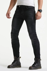 Jean de moto slim noir pour homme avec panneaux côtelés aux genoux et détails de couture