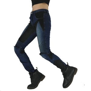 Women's slim fit motorcycle jeans with protective knee pleats and contrast stitching