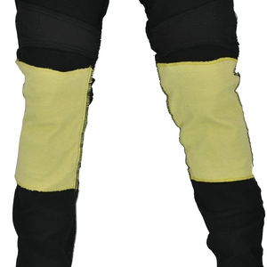 Detail of yellow protective Kevlar fabric on motorcycle cargo jeans for impact protection