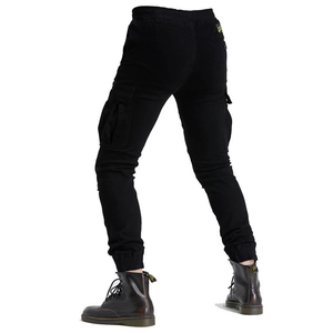 Detail shot of black cargo joggers featuring side utility pockets and elastic cuff hem