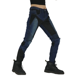 Slim fit motorcycle riding jeans for women with blue denim and black stretch panels