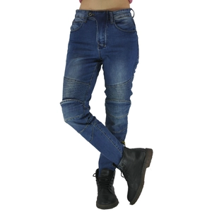 Close-up of deep blue motorcycle jeans featuring accordion stretch panels at the knees