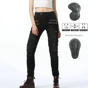 Women's black slim motorcycle jeans with stretch shirring and knee protectors