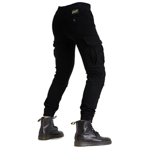 Rear view of black cargo joggers with elastic waistband, flap pockets and cuffed ankles