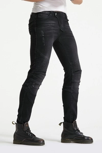 Jeans de moto noir pour hommes avec plis aux genoux et détails vieillis en coupe ajustée