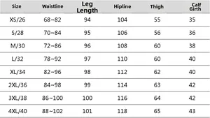 Detailed size chart for camouflage motorcycle riding pants with waist and hip measurements