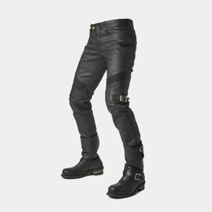 Detail of waterproof motorcycle jeans featuring knee stretch panels and side metal buckles