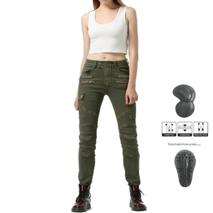 Army green women motorcycle jeans with stretch shirring and removable knee protectors