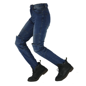 Dark blue denim motorcycle riding pants with flexible accordion stretch panels on knees