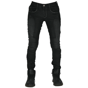 Close-up of slim-fit motorcycle jeans with protective knee pleats and contrast stitching