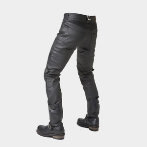 Detail of waterproof motorcycle jeans with knee armor and elastic accordion panels