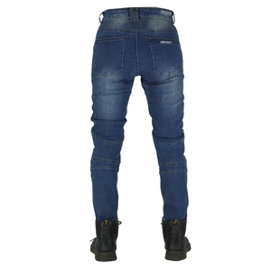 Rear view of blue motorcycle denim jeans with elastic pleats and protective design