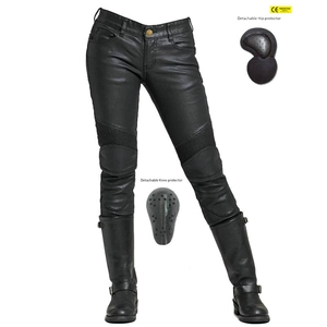 Detail of waterproof motorcycle jeans with CE silicone armor and knee stretch panels