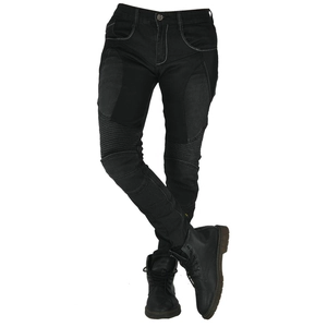 Close-up of slim-fit motorcycle jeans with protective knee pleats and white stitching