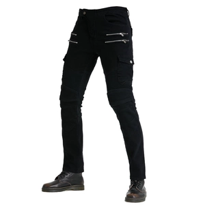 Pantaloni cargo da moto neri slim fit da uomo con pieghe sulle ginocchia e zip