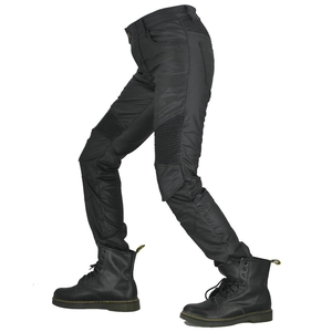 Women's black coated waterproof motorcycle jeans with accordion stretch panels for riding