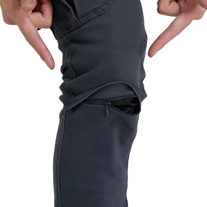 Dark grey motorcycle cargo pants featuring zipper details on knees and functional fabric