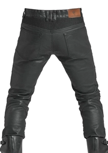 Black motorcycle riding pants with windproof coating and stretch accordion panels on back
