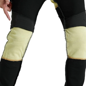 Black and yellow motorcycle cargo pants with Kevlar lining and reinforced knee protection