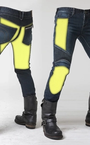 Protective dark blue motorcycle riding jeans with yellow Kevlar lining and armor pads