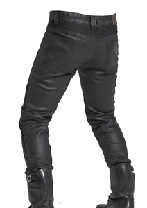 Slim fit black motorcycle leather pants with knee pleats and protective gear support