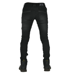 Rear view of slim fit biker jeans featuring protective accordion panels and black denim